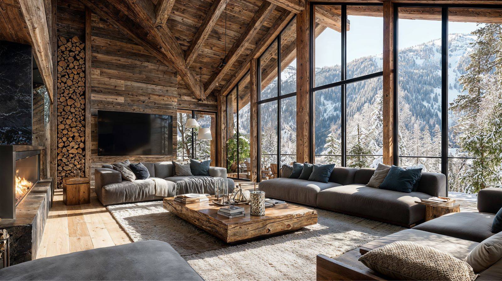 Chalet bois contemporain intérieur luxe par architecte à Méribel