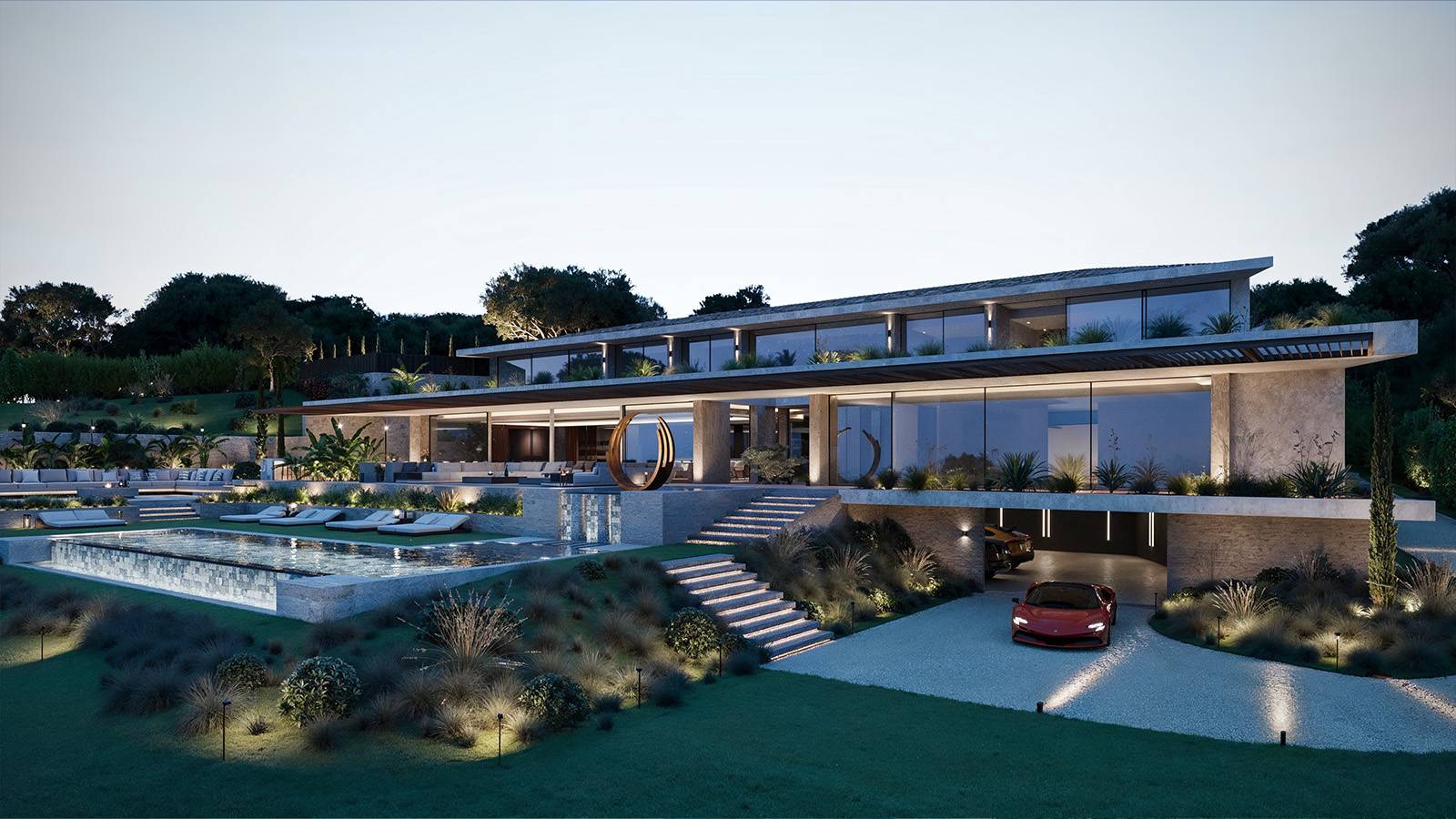 Villa d'architecte luxe à Saint Tropez conçue avec une décoration moderne et un éclairage contemporain subtil